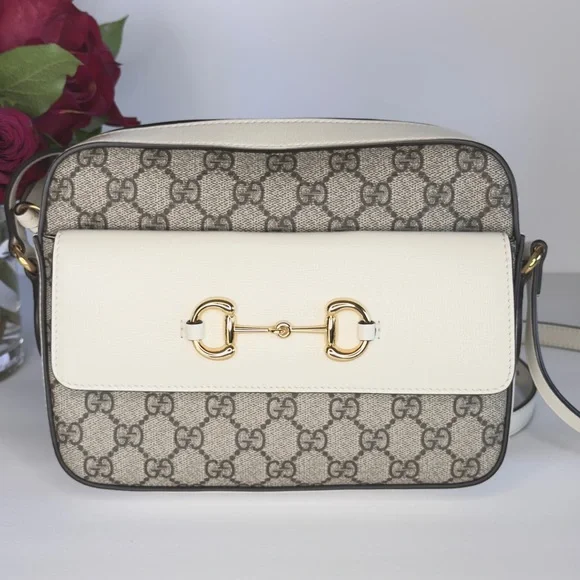 GUCCI Horsebit 1955 Ivory Brown Ebony GG Supreme Leather Crossbody Shoulder Bag - Picture 2 of 13